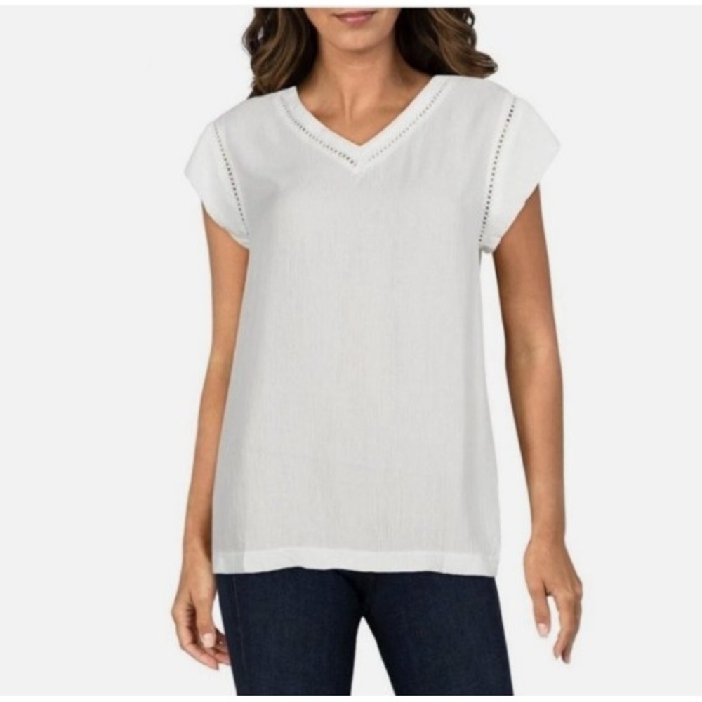 Buffalo David Bitton Womens White Sofie V-Neck Short Sleeves Blouse  XL
